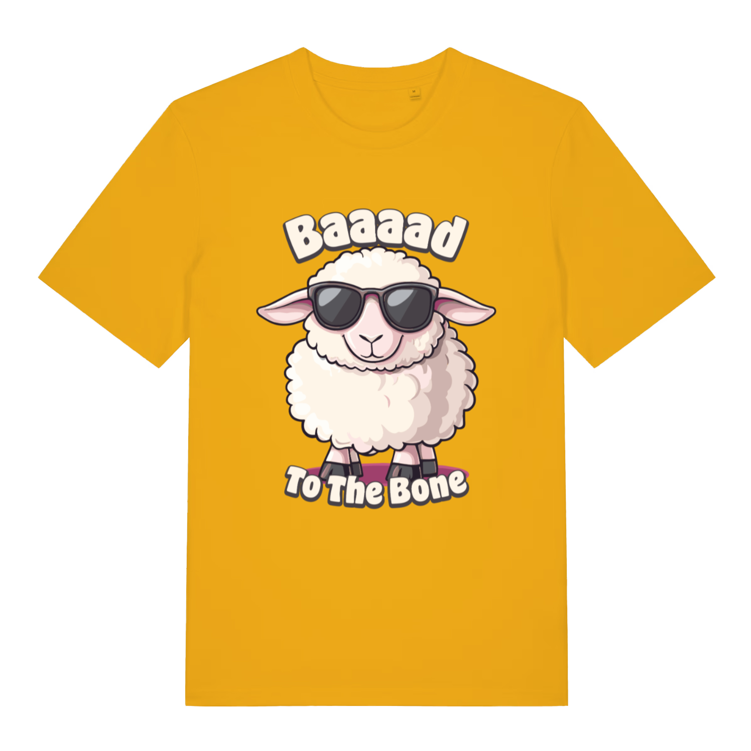 Yellow "Baaaad To The Bone" funny sheep t-shirt flat lay, cheeky animal pun graphic organic cotton tee UK