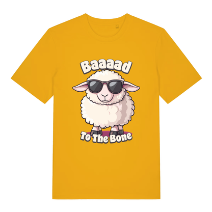 Yellow "Baaaad To The Bone" funny sheep t-shirt flat lay, cheeky animal pun graphic organic cotton tee UK