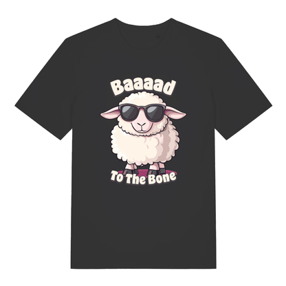 Black women's "Baaaad To The Bone" funny sheep t-shirt flat lay, cool sunglasses sheep graphic organic cotton ladies tee printed in UK