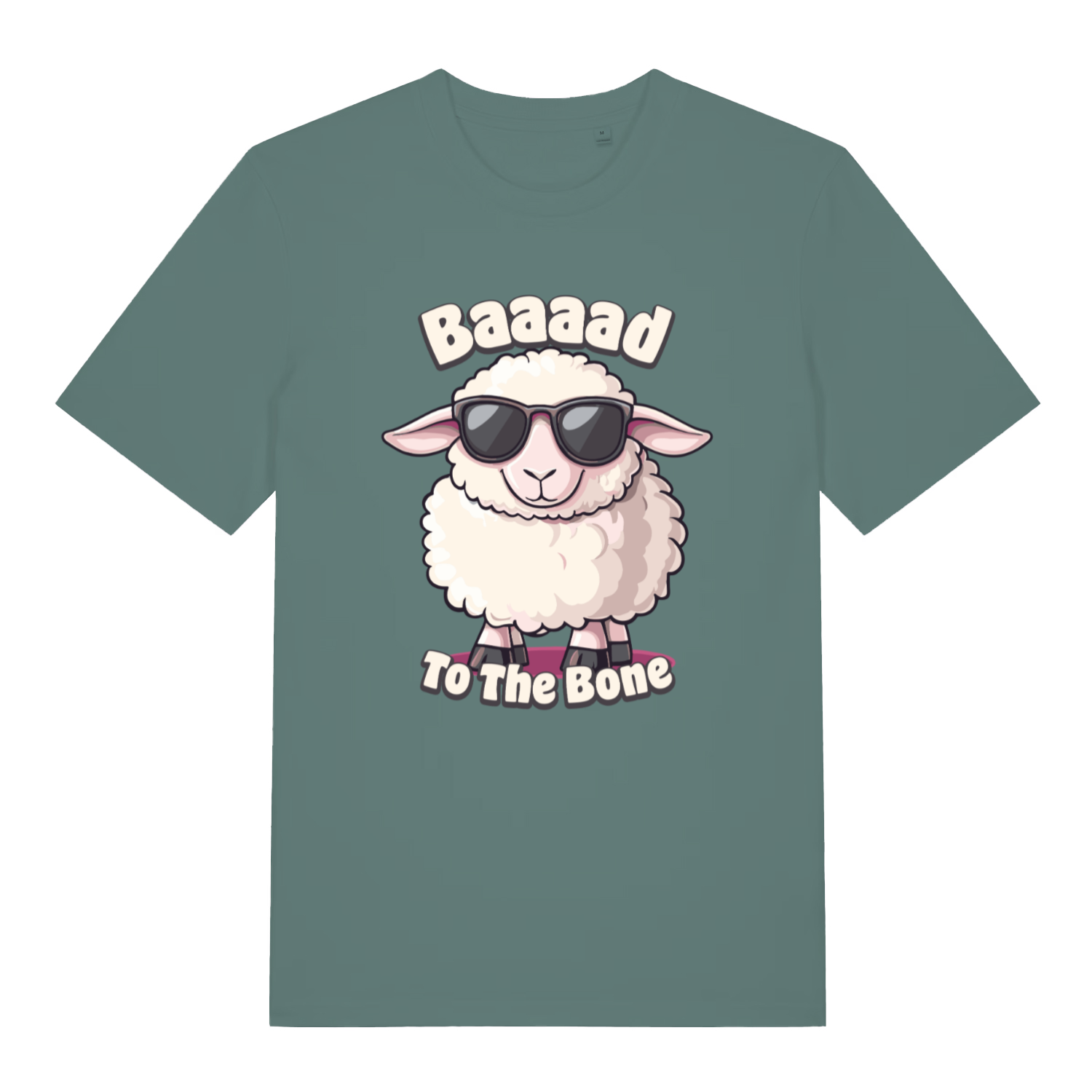 Green women's "Baaaad To The Bone" witty sheep t-shirt flat lay, kawaii animal pun graphic organic cotton ladies tee UK