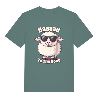 Green women's "Baaaad To The Bone" witty sheep t-shirt flat lay, kawaii animal pun graphic organic cotton ladies tee UK