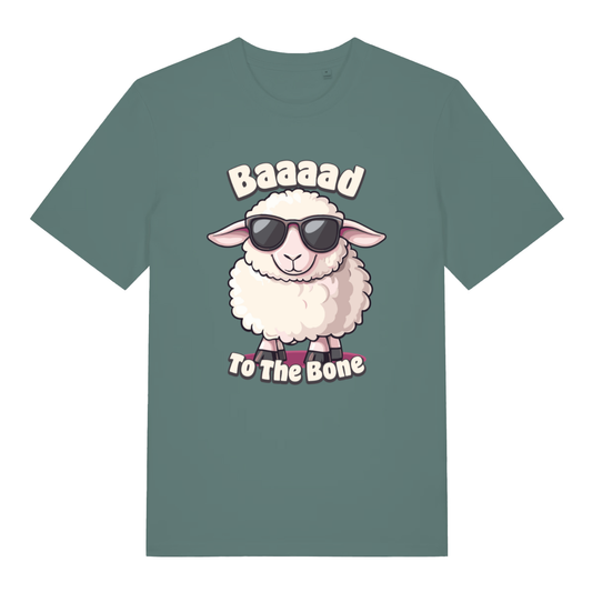 Green women's "Baaaad To The Bone" witty sheep t-shirt flat lay, kawaii animal pun graphic organic cotton ladies tee UK