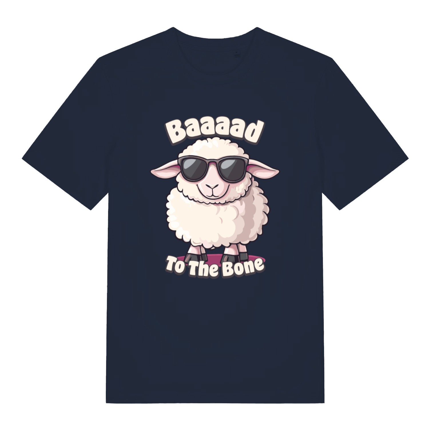 Navy women's "Baaaad To The Bone" funny sheep t-shirt flat lay, cool sunglasses cartoon sheep organic cotton music-inspired ladies tee UK