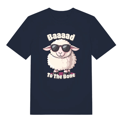 Navy women's "Baaaad To The Bone" funny sheep t-shirt flat lay, cool sunglasses cartoon sheep organic cotton music-inspired ladies tee UK