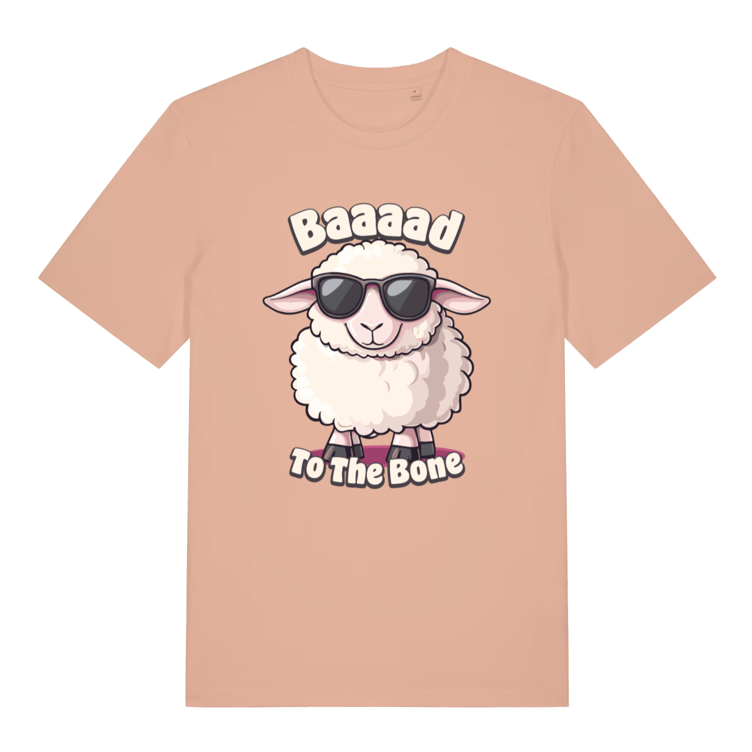 Peach women's "Baaaad To The Bone" cheeky sheep t-shirt flat lay, humorous animal graphic slogan organic cotton ladies tee UK