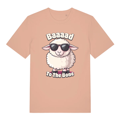 Peach women's "Baaaad To The Bone" cheeky sheep t-shirt flat lay, humorous animal graphic slogan organic cotton ladies tee UK