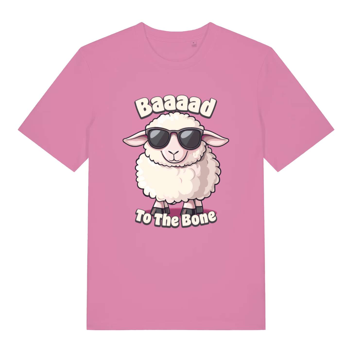 Pink women's "Baaaad To The Bone" funny sheep t-shirt flat lay, witty kawaii sheep pun organic cotton ladies tee printed in UK