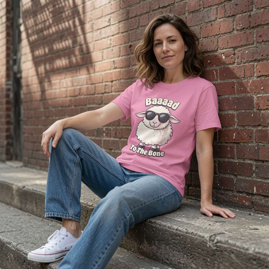Woman in pink Baaaad To The Bone sheep t-shirt sat on steps, funny animal pun graphic shirt