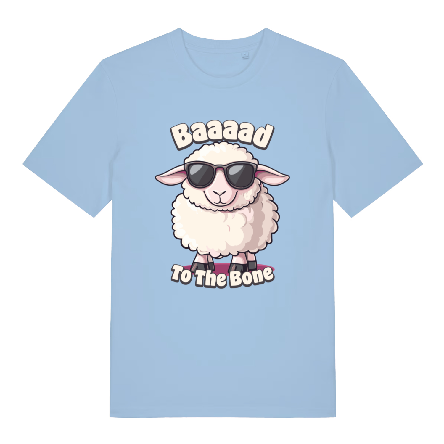 Sky blue women's "Baaaad To The Bone" cool sheep t-shirt flat lay, sunglasses sheep graphic organic cotton funny ladies tee UK