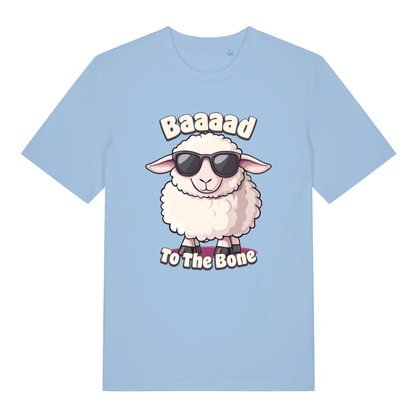 Sky blue women's "Baaaad To The Bone" cool sheep t-shirt flat lay, sunglasses sheep graphic organic cotton funny ladies tee UK