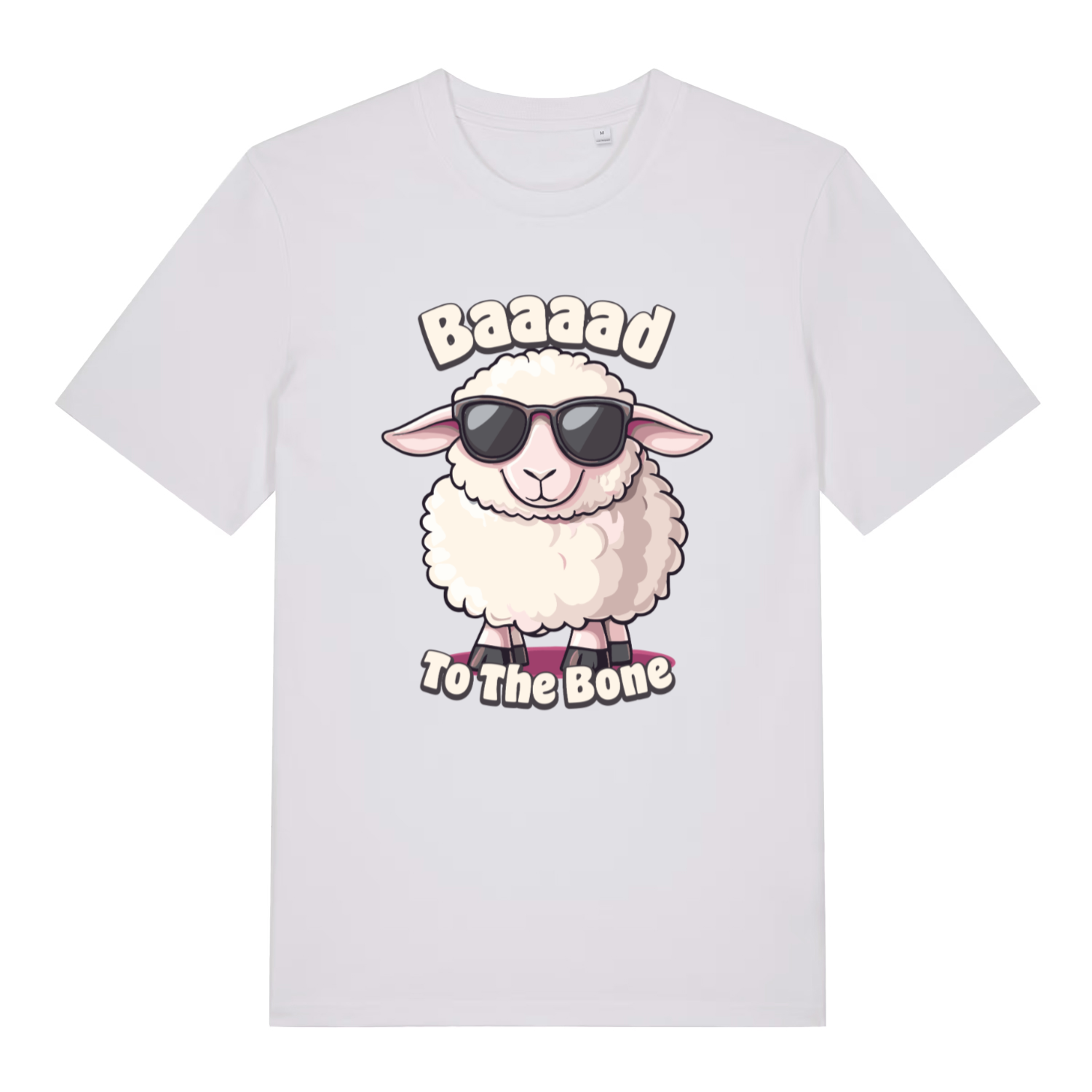 White women's "Baaaad To The Bone" funny sheep t-shirt flat lay, cheeky animal pun graphic organic cotton ladies tee UK