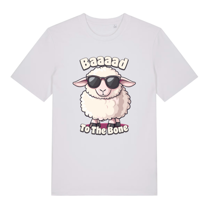 White women's "Baaaad To The Bone" funny sheep t-shirt flat lay, cheeky animal pun graphic organic cotton ladies tee UK