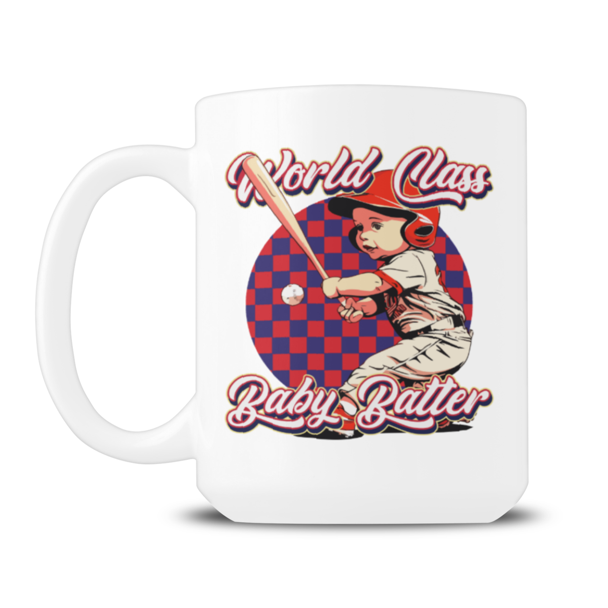 White ceramic mug featuring retro red-and-blue checkerboard art, a child swinging a bat, and “World-Class Baby Batter” lettering; playful vintage baseball theme.
