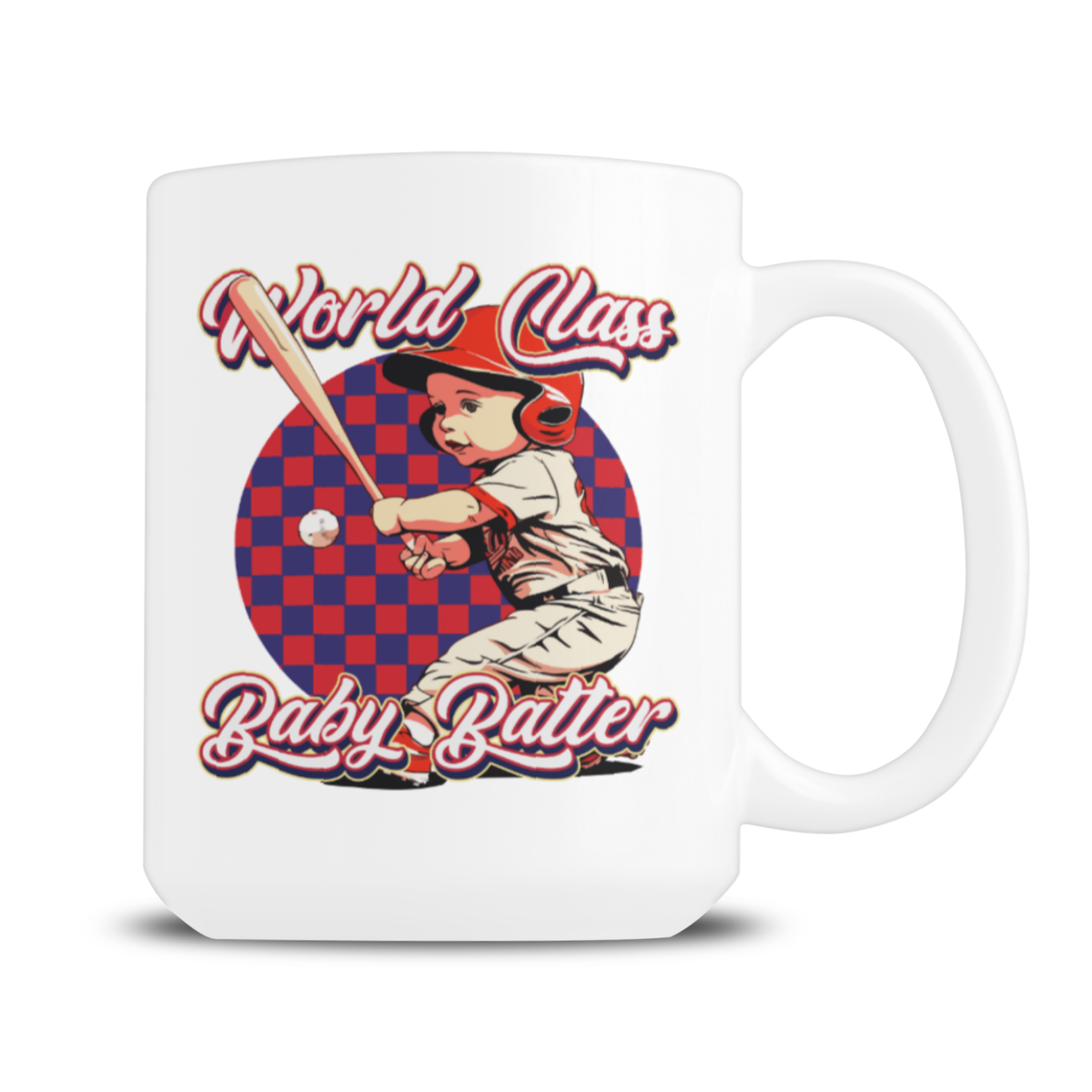 White mug featuring retro “World Class Baby Batter” lettering and an illustrated child swinging a bat against a red-and-blue checkerboard, with a playful vintage tone.