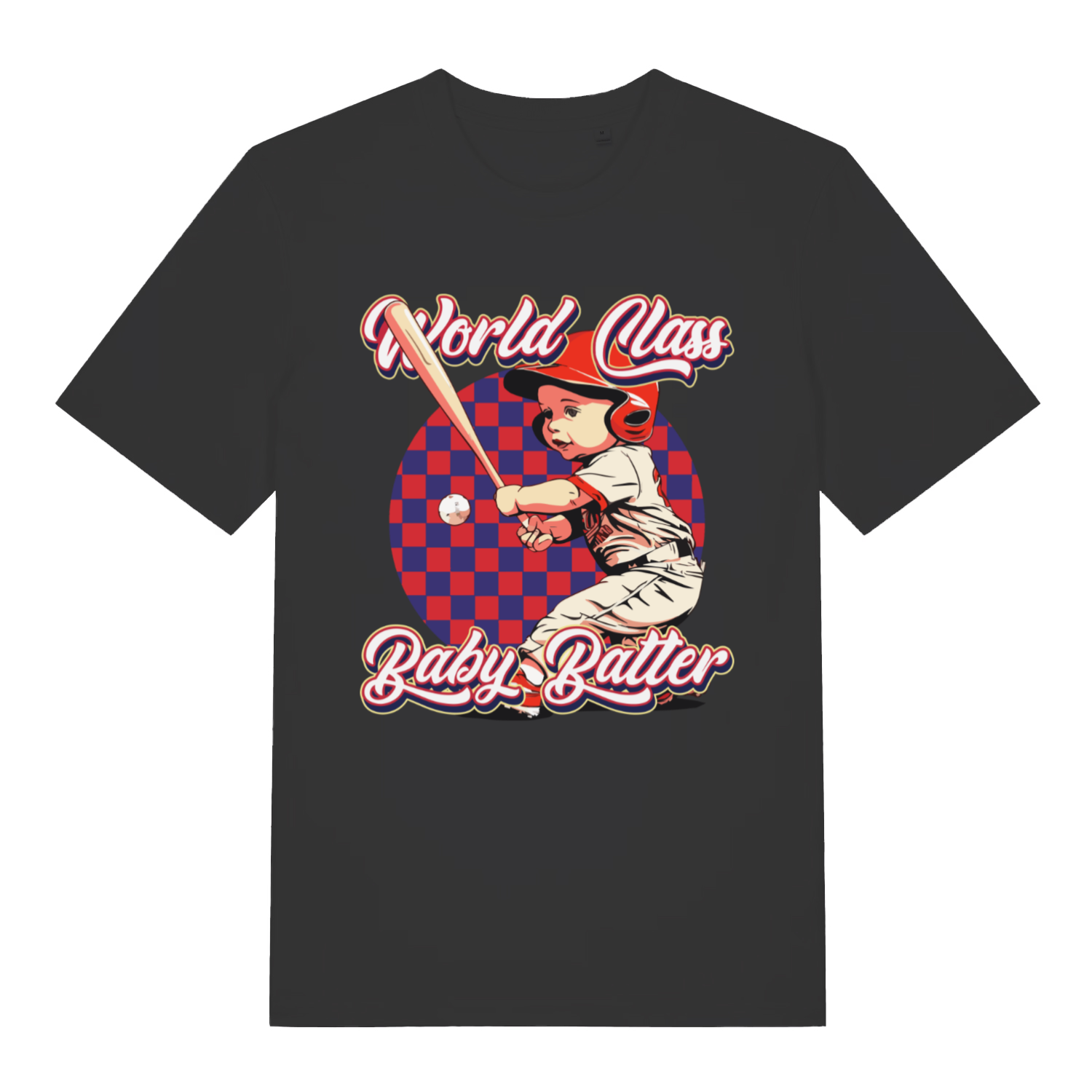 Black "World Class Baby Batter" funny baseball t-shirt flat lay, cheeky baby batter graphic organic cotton men's tee printed in UK