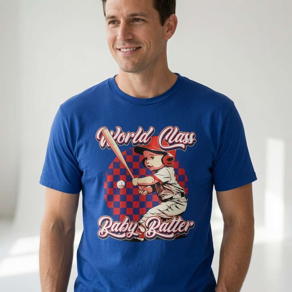 Man in blue World Class Baby Batter t-shirt, fun rude mildly offensive baseball graphic tee