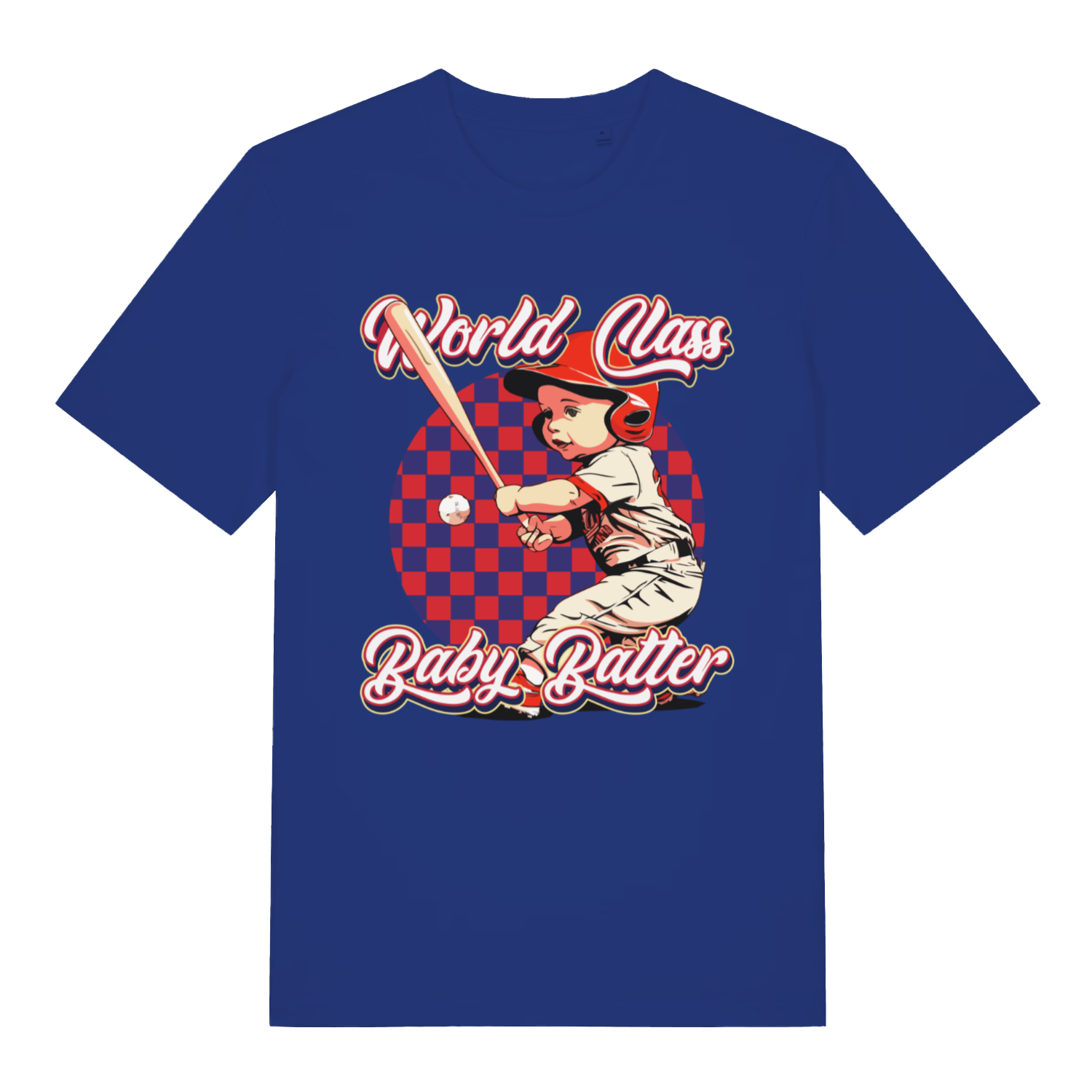 Blue "World Class Baby Batter" rude funny t-shirt flat lay, cheeky baseball baby graphic organic cotton pub banter tee UK