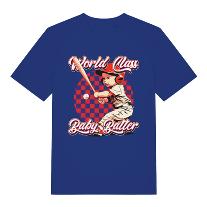 Blue "World Class Baby Batter" rude funny t-shirt flat lay, cheeky baseball baby graphic organic cotton pub banter tee UK