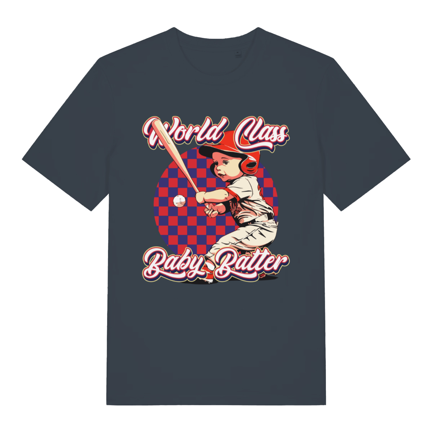 Ink Grey "World Class Baby Batter" mildly offensive t-shirt flat lay, humorous baby batter slogan graphic organic cotton funny tee UK