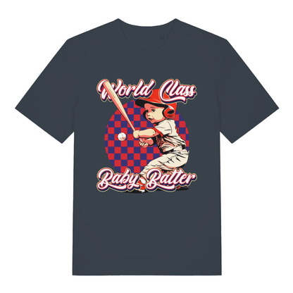 Ink Grey "World Class Baby Batter" mildly offensive t-shirt flat lay, humorous baby batter slogan graphic organic cotton funny tee UK