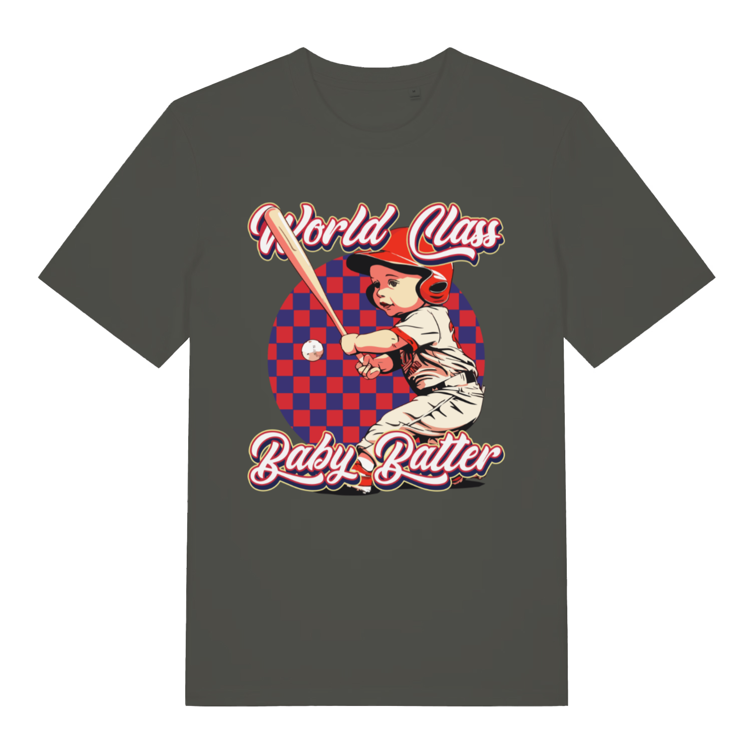 Khaki "World Class Baby Batter" cheeky t-shirt flat lay, retro baseball baby graphic organic cotton men's tee printed in UK