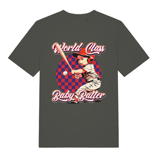 Khaki "World Class Baby Batter" cheeky t-shirt flat lay, retro baseball baby graphic organic cotton men's tee printed in UK