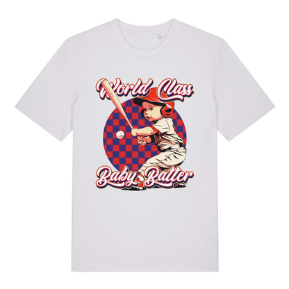 White "World Class Baby Batter" funny rude t-shirt flat lay, cheeky baby batter illustration organic cotton tee UK