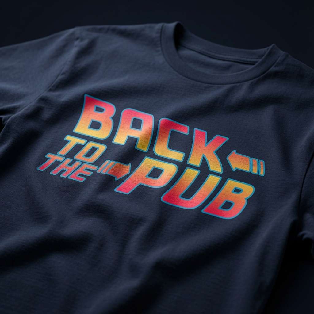 Navy blue t-shirt featuring bold retro-style text 'BACK TO THE PUB' in a vibrant orange-to-red gradient with blue outline and fun arrow graphics.