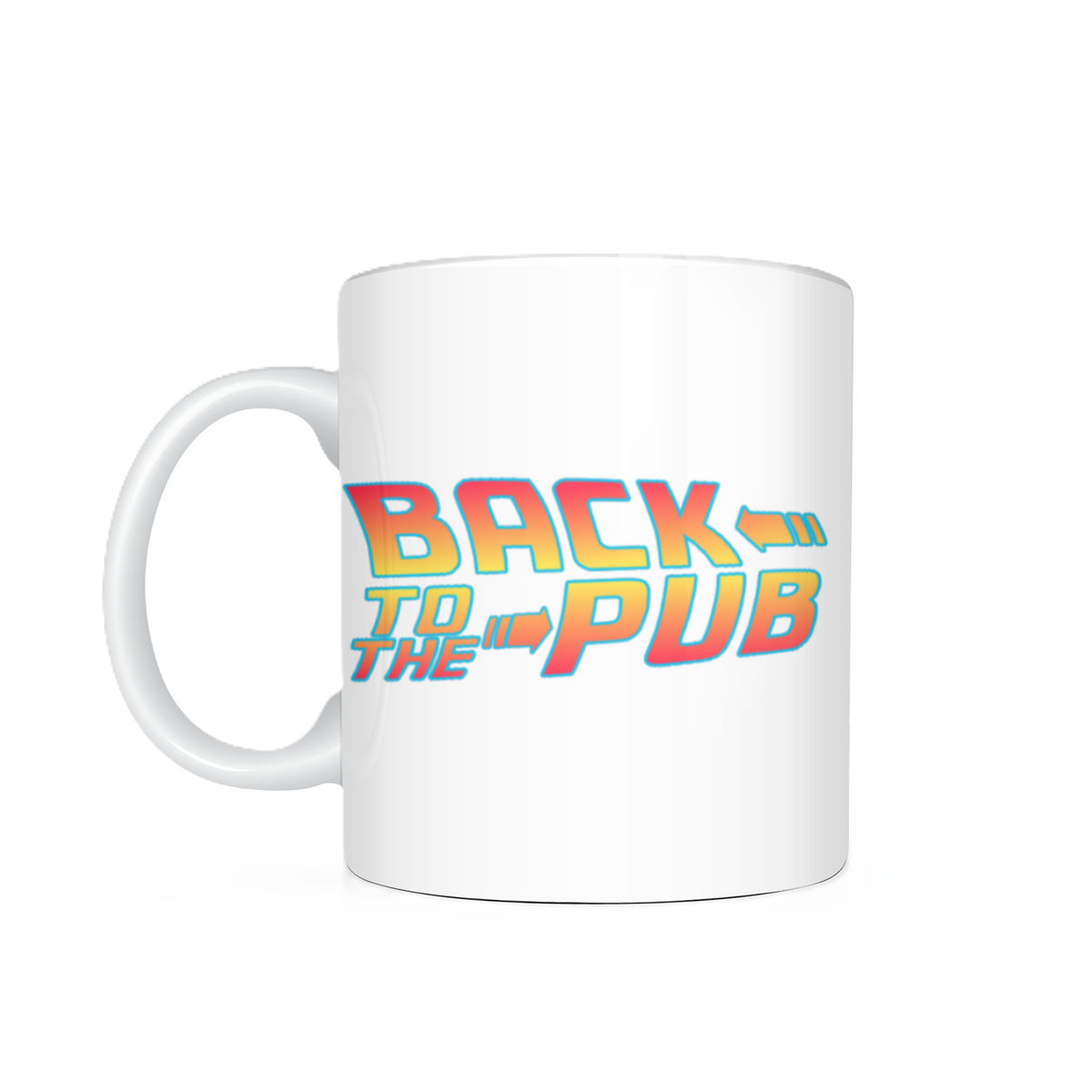 A white ceramic coffee mug featuring a retro-style 'BACK TO THE PUB' graphic in yellow, orange, and blue gradient lettering, shown on a clean white background with a soft reflection.