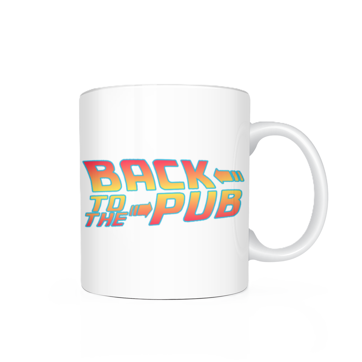 A white ceramic mug featuring the retro-style text 'BACK TO THE PUB' in red, orange, and yellow gradient lettering with blue shadow accents, shown on a clean white background with a soft reflection.