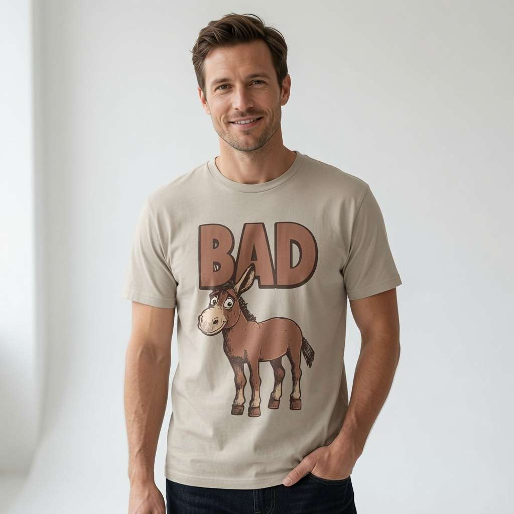 Man in beige Bad Ass donkey t-shirt, fun ass graphic animal pun mens tee