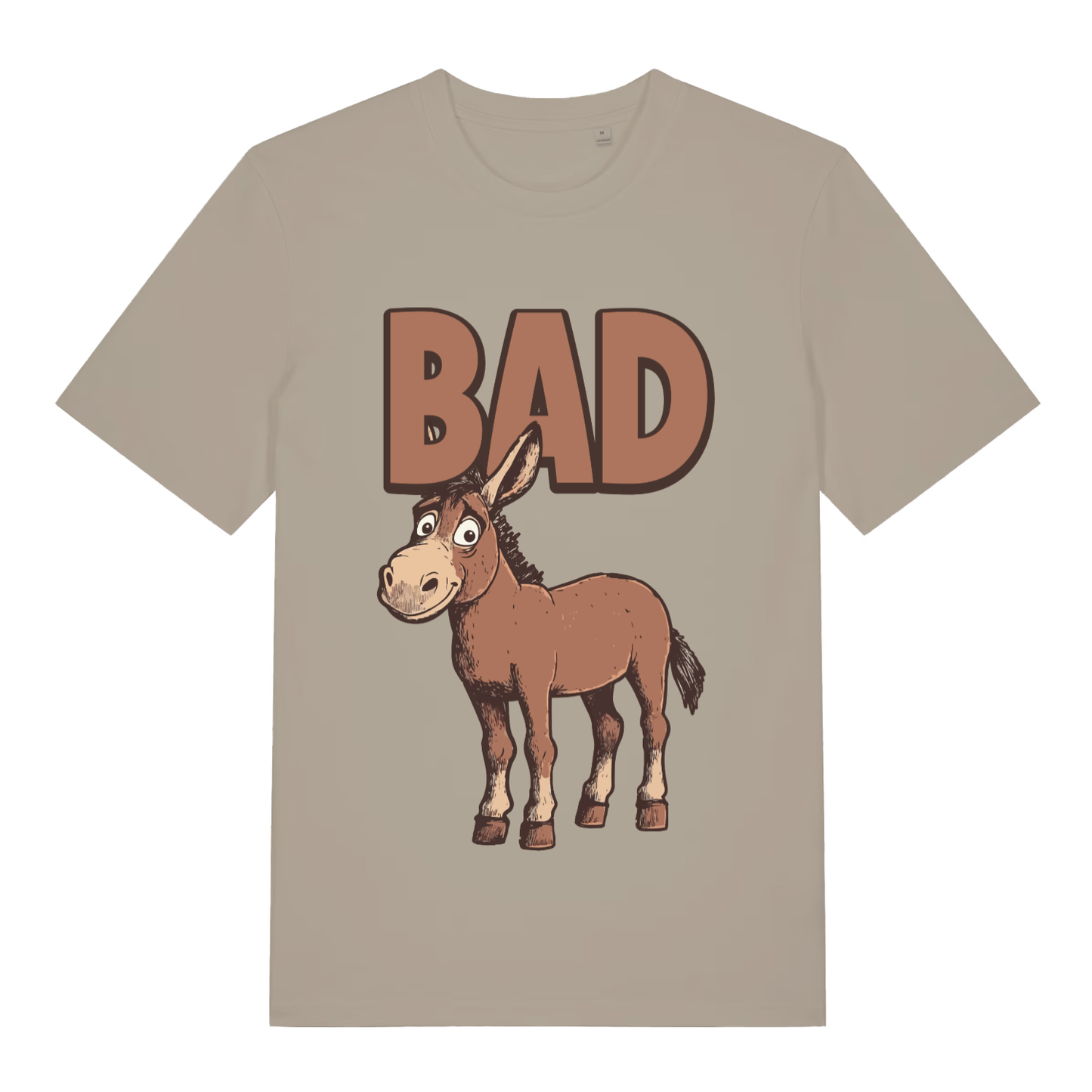 Beige "BAD Ass" funny donkey t-shirt flat lay, cheeky animal pun graphic organic cotton men's tee printed in UK