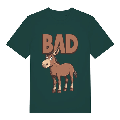 Green "BAD Ass" rude donkey t-shirt flat lay, cartoon ass pun graphic organic cotton funny tee UK
