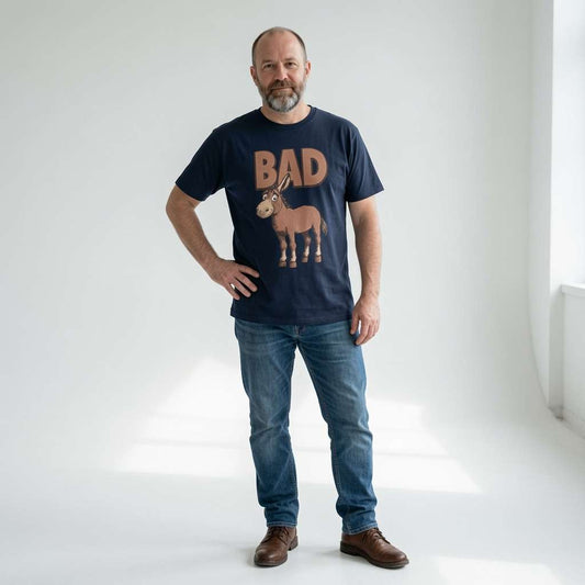 Man in navy Bad Ass donkey t-shirt, fun rude ass donkey graphic tee
