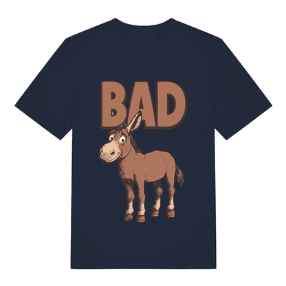 Navy "BAD Ass" cheeky donkey t-shirt flat lay, bad ass animal pun graphic organic cotton men's tee printed in UK