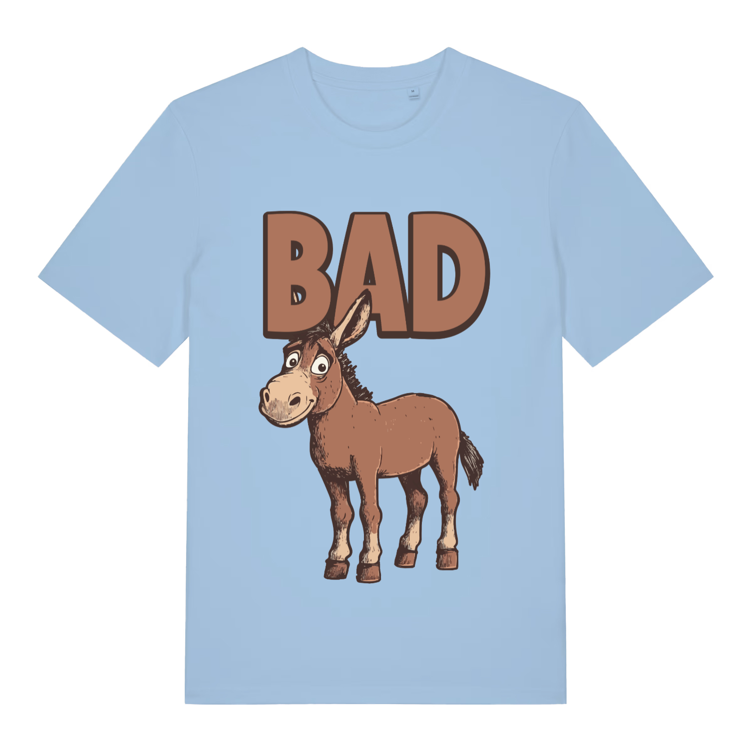 Sky Blue "BAD Ass" funny donkey t-shirt flat lay, witty ass pun graphic organic cotton sustainable tee UK