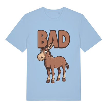 Sky Blue "BAD Ass" funny donkey t-shirt flat lay, witty ass pun graphic organic cotton sustainable tee UK