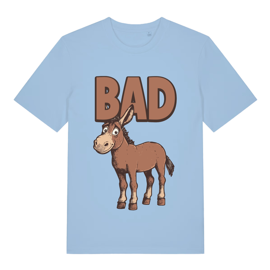 Sky Blue "BAD Ass" funny donkey t-shirt flat lay, witty ass pun graphic organic cotton sustainable tee UK