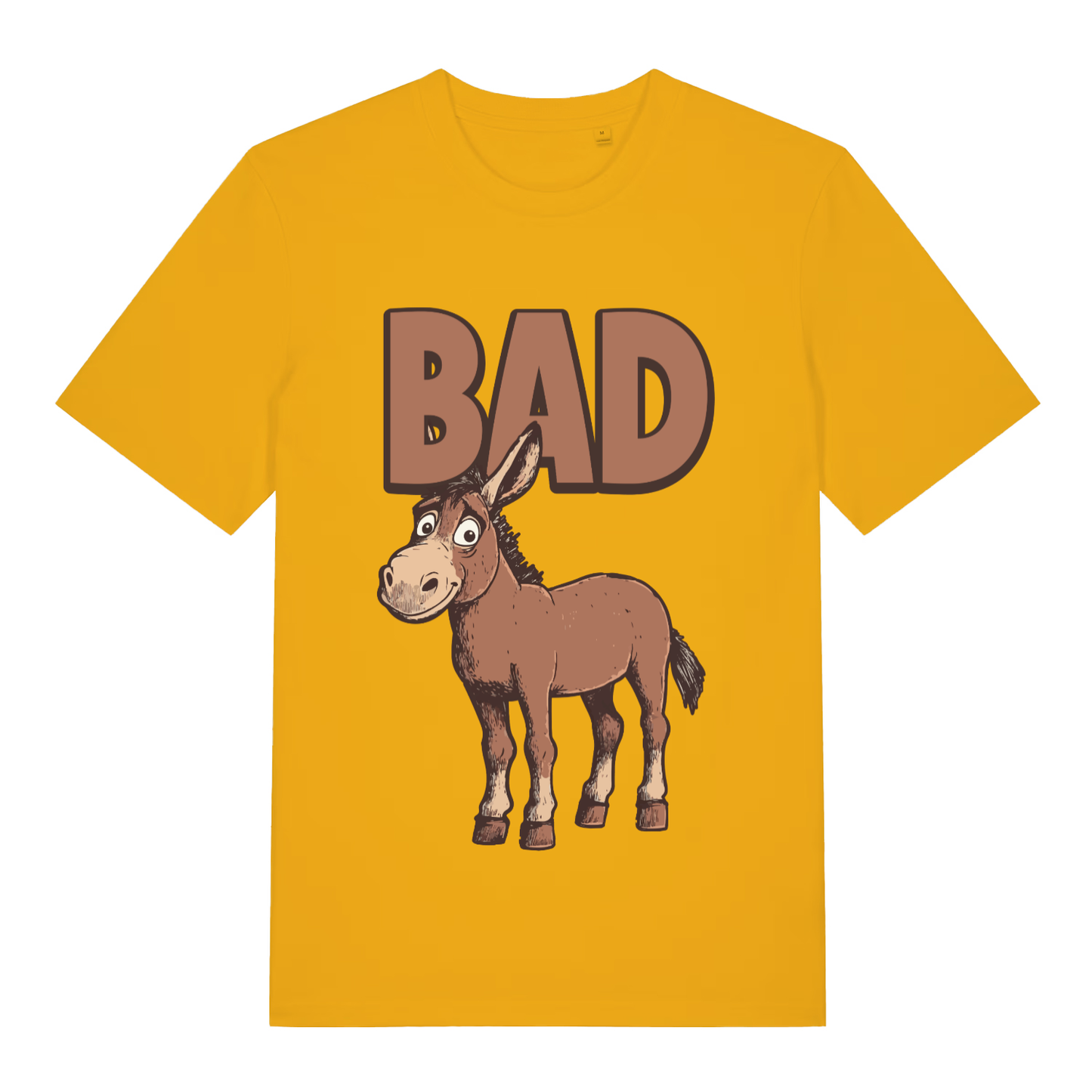 Yellow "BAD Ass" cheeky animal pun t-shirt flat lay, cartoon donkey bad ass graphic organic cotton funny tee UK