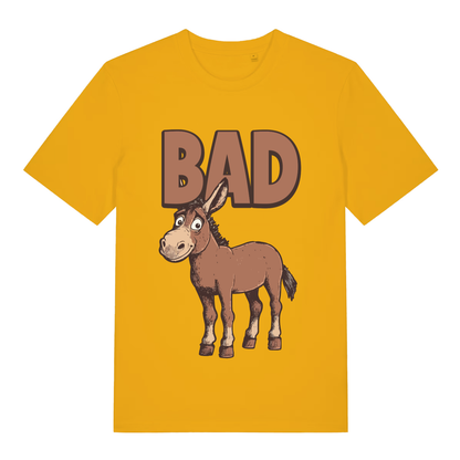 Yellow "BAD Ass" cheeky animal pun t-shirt flat lay, cartoon donkey bad ass graphic organic cotton funny tee UK