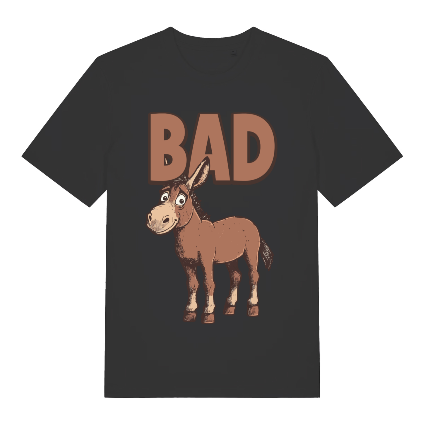 Black women's "BAD Ass" funny donkey t-shirt flat lay, cheeky animal pun graphic organic cotton ladies tee printed in UK