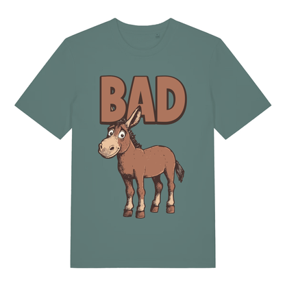 Green women's "BAD Ass" rude donkey t-shirt flat lay, cartoon ass pun graphic organic cotton funny ladies tee UK