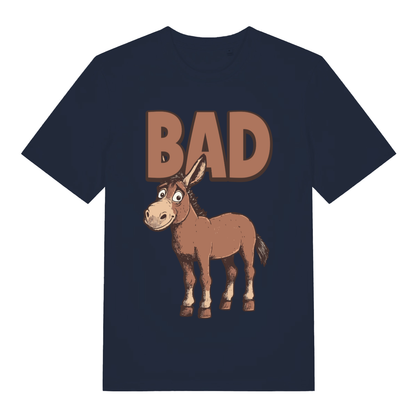 Navy women's "BAD Ass" cheeky donkey t-shirt flat lay, bad ass animal pun graphic organic cotton ladies tee printed in UK