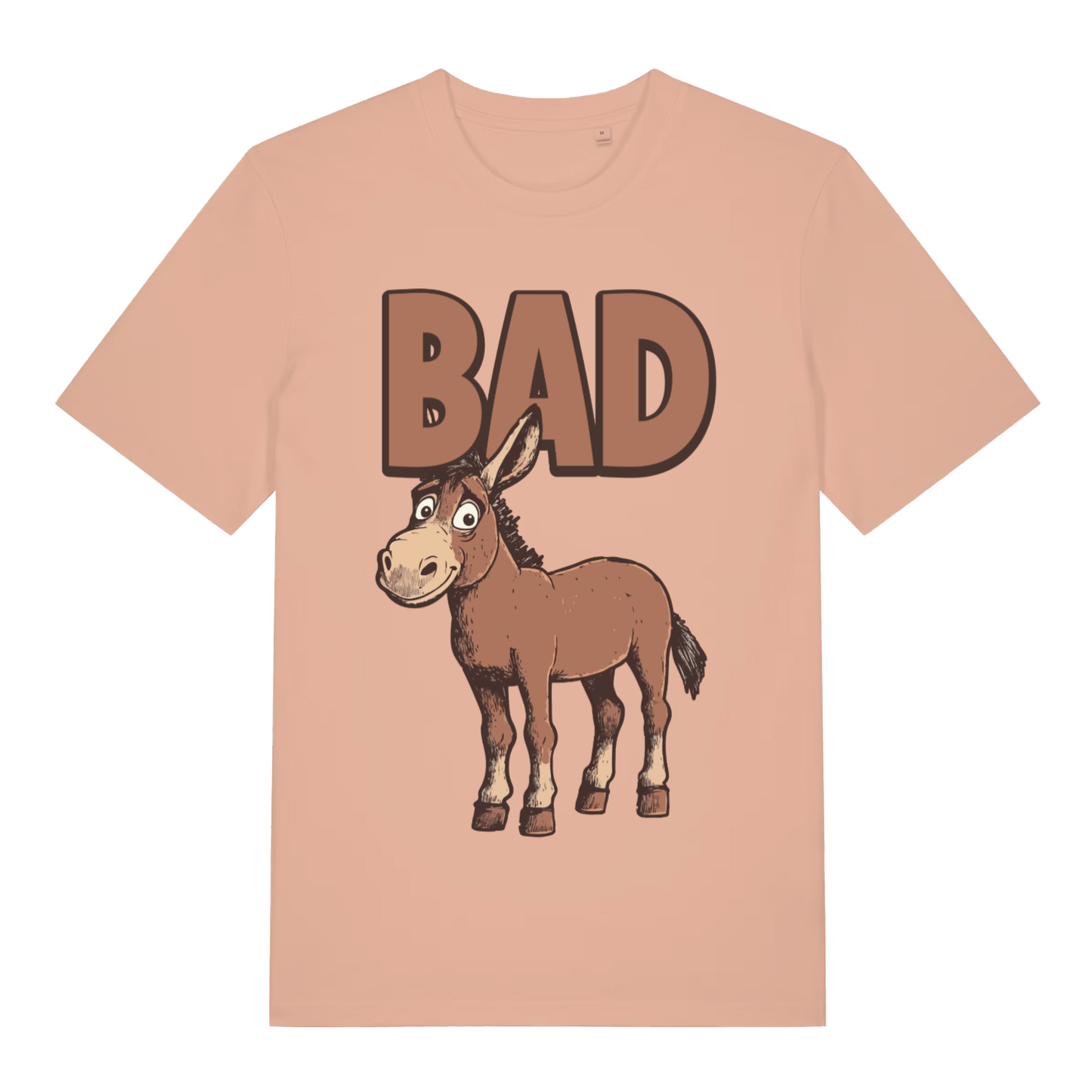 Peach women's "BAD Ass" funny donkey t-shirt flat lay, witty ass pun graphic organic cotton sustainable ladies tee UK