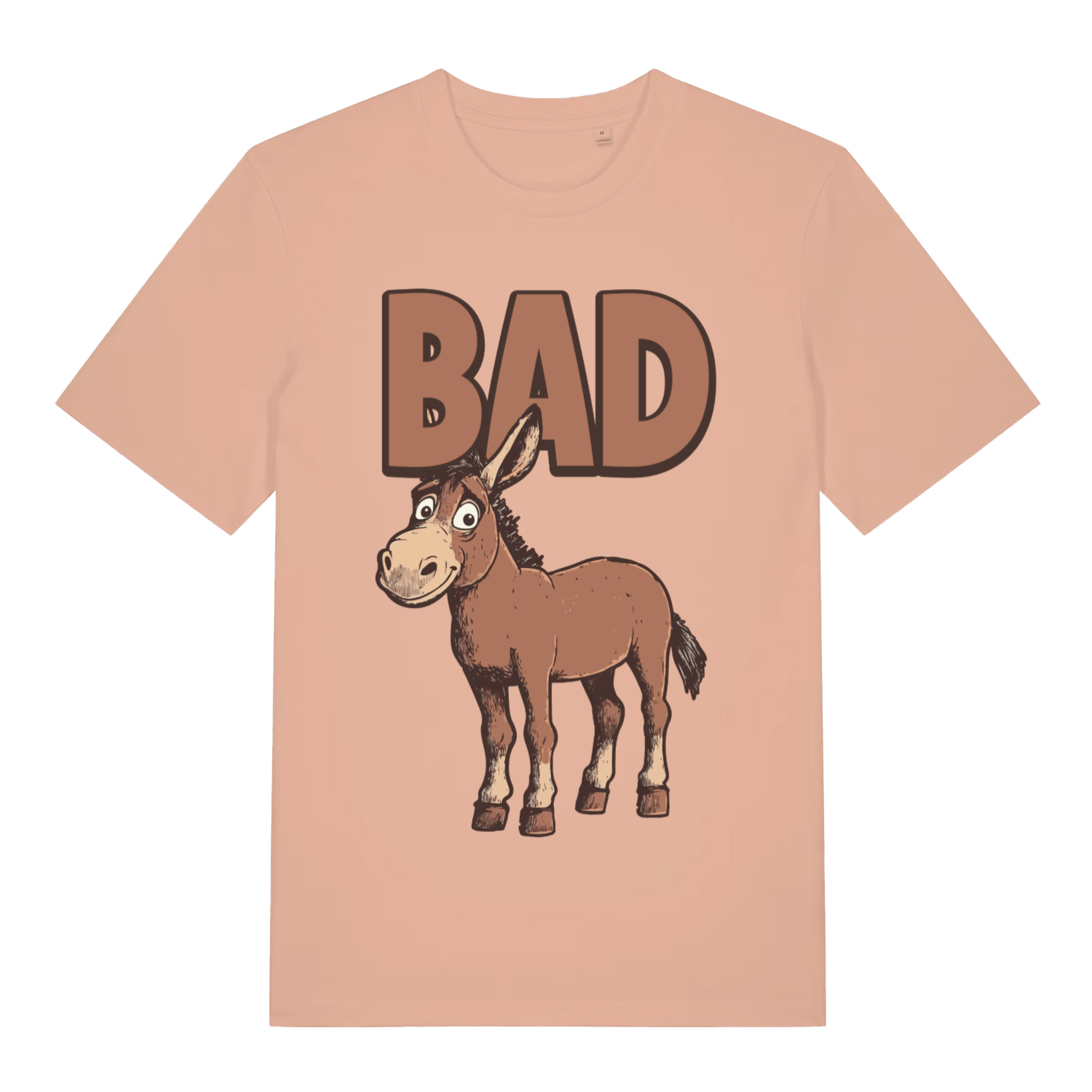 Peach women's "BAD Ass" funny donkey t-shirt flat lay, witty ass pun graphic organic cotton sustainable ladies tee UK