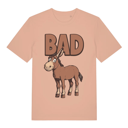 Peach women's "BAD Ass" funny donkey t-shirt flat lay, witty ass pun graphic organic cotton sustainable ladies tee UK