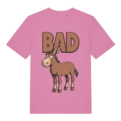Pink women's "BAD Ass" cheeky animal pun t-shirt flat lay, cartoon donkey bad ass graphic organic cotton funny ladies tee UK