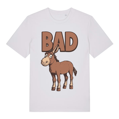 White women's "BAD Ass" funny donkey t-shirt flat lay, humorous ass pun graphic organic cotton ladies tee printed in UK