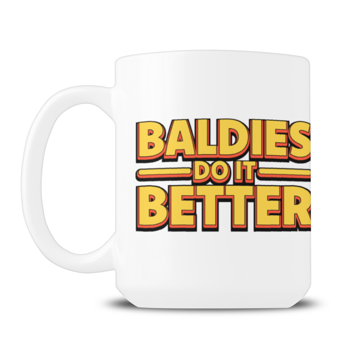 White ceramic mug with a bold red-and-yellow slogan, “Baldies Do It Better,” in retro lettering; playful, lighthearted design on a clean white background.