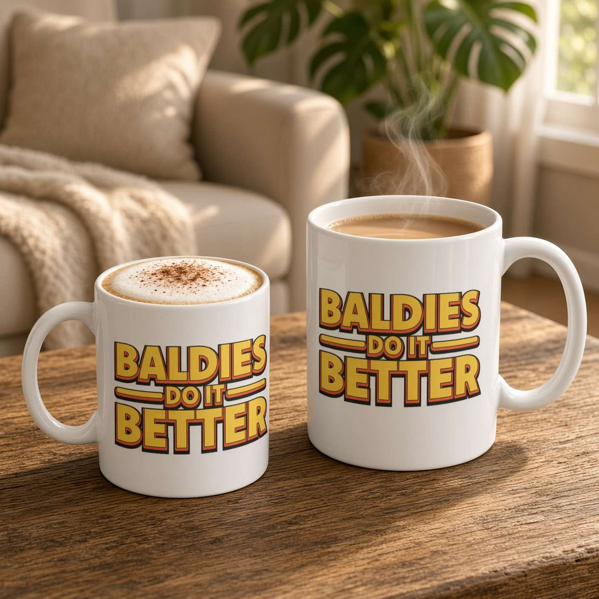 Two white mugs on a wooden coffee table read “Baldies Do It Better”; one holds cappuccino dusted with cocoa, the other steaming coffee, in a cozy, sunlit living room.